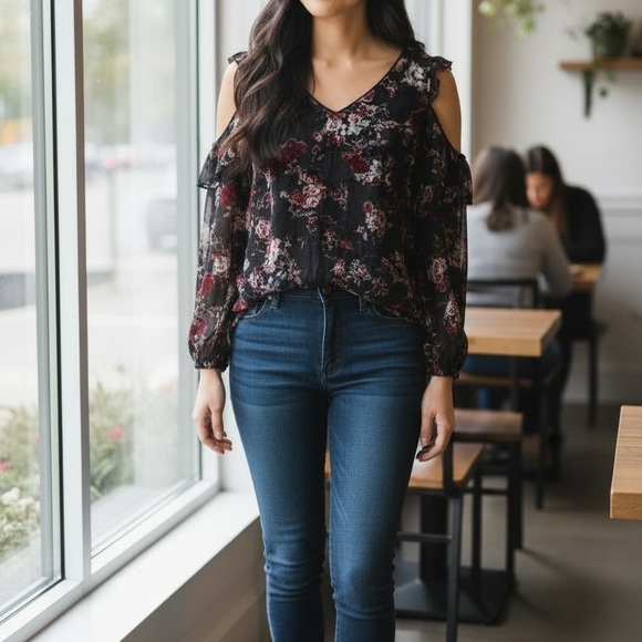 White House Black Market Tops - WHBM Floral Cold Shoulder Blouse